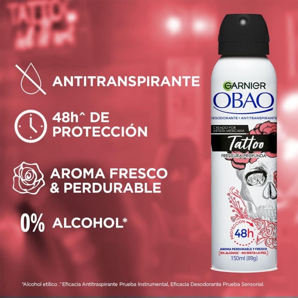 Garnier Desodorante en Aerosol Antitranspirante para Mujer Obao Tattoo 2.0 Frescura Profunda sin alcohol 150ml